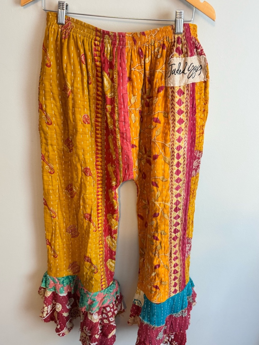 Jaded Gypsy Kantha Sunrise Ruffle Pants Quilted Patchwork Boho One Size - Picture 2 of 12